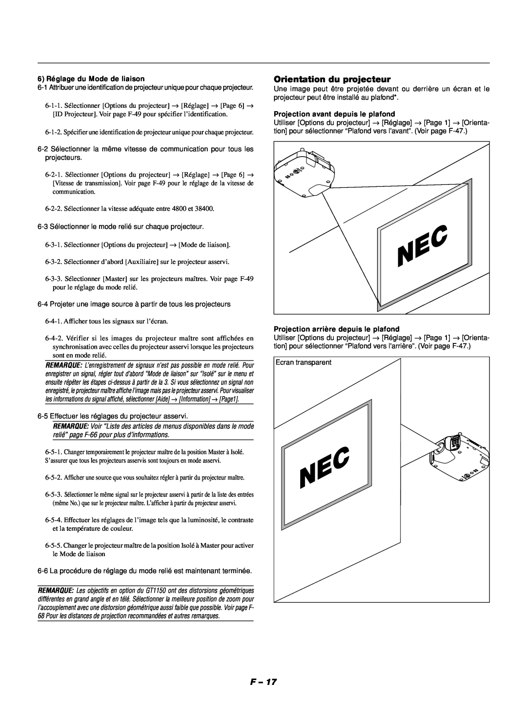 NEC GT1150 manuel dutilisation Orientation du projecteur, 6 Réglage du Mode de liaison, Projection avant depuis le plafond 