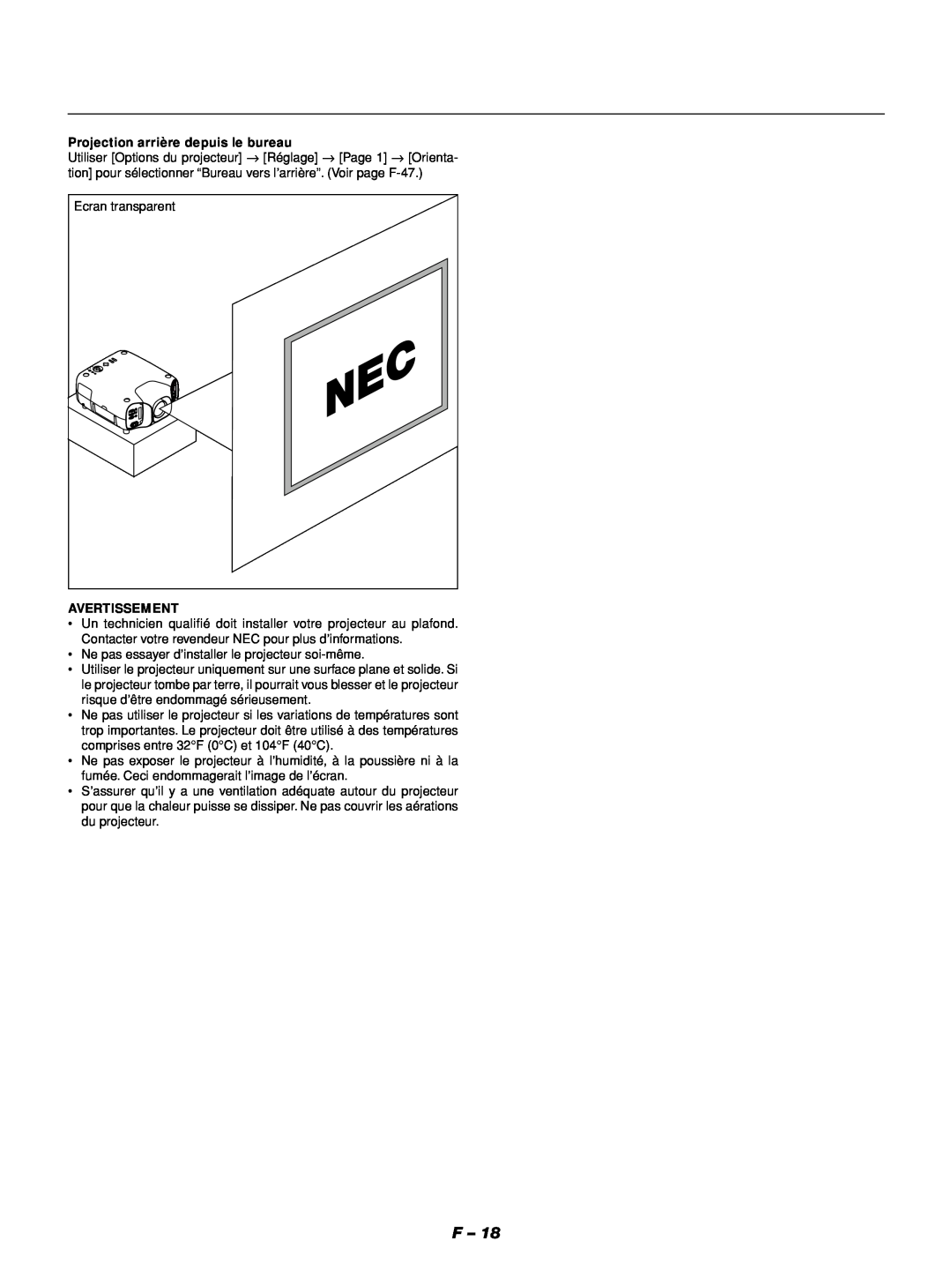 NEC GT1150 manuel dutilisation Projection arrière depuis le bureau, Avertissement 