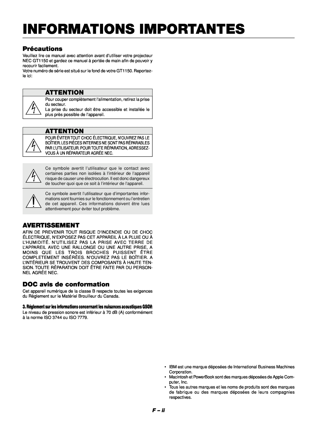 NEC GT1150 manuel dutilisation Informations Importantes, Précautions, Avertissement, DOC avis de conformation 