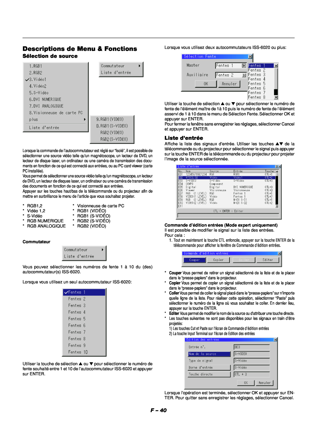 NEC GT1150 manuel dutilisation Descriptions de Menu & Fonctions, Sélection de source, Liste d’entrée, Commutateur 