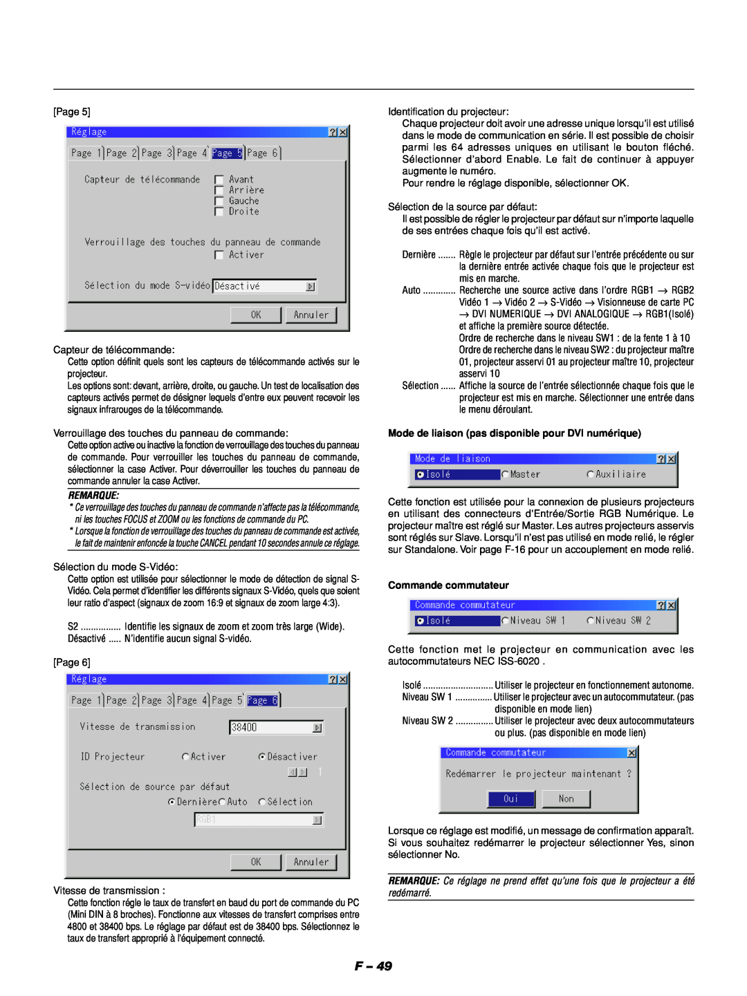 NEC GT1150 manuel dutilisation Remarque, Mode de liaison pas disponible pour DVI numérique, Commande commutateur 