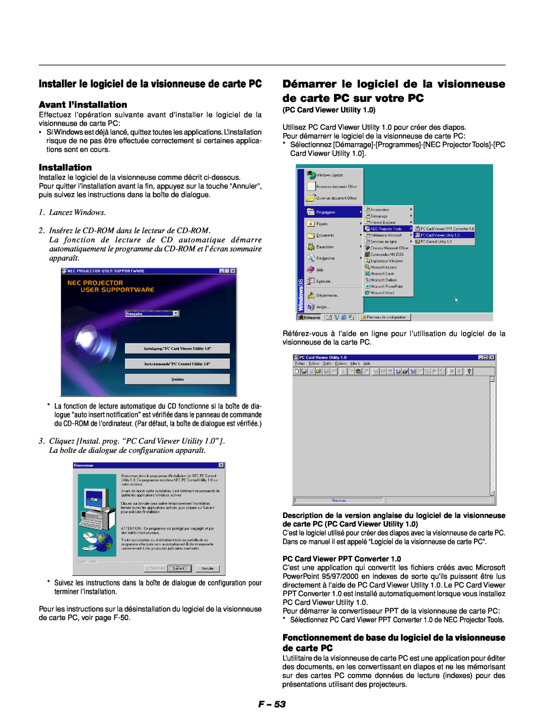 NEC GT1150 Démarrer le logiciel de la visionneuse de carte PC sur votre PC, Installation, Avant l’installation 