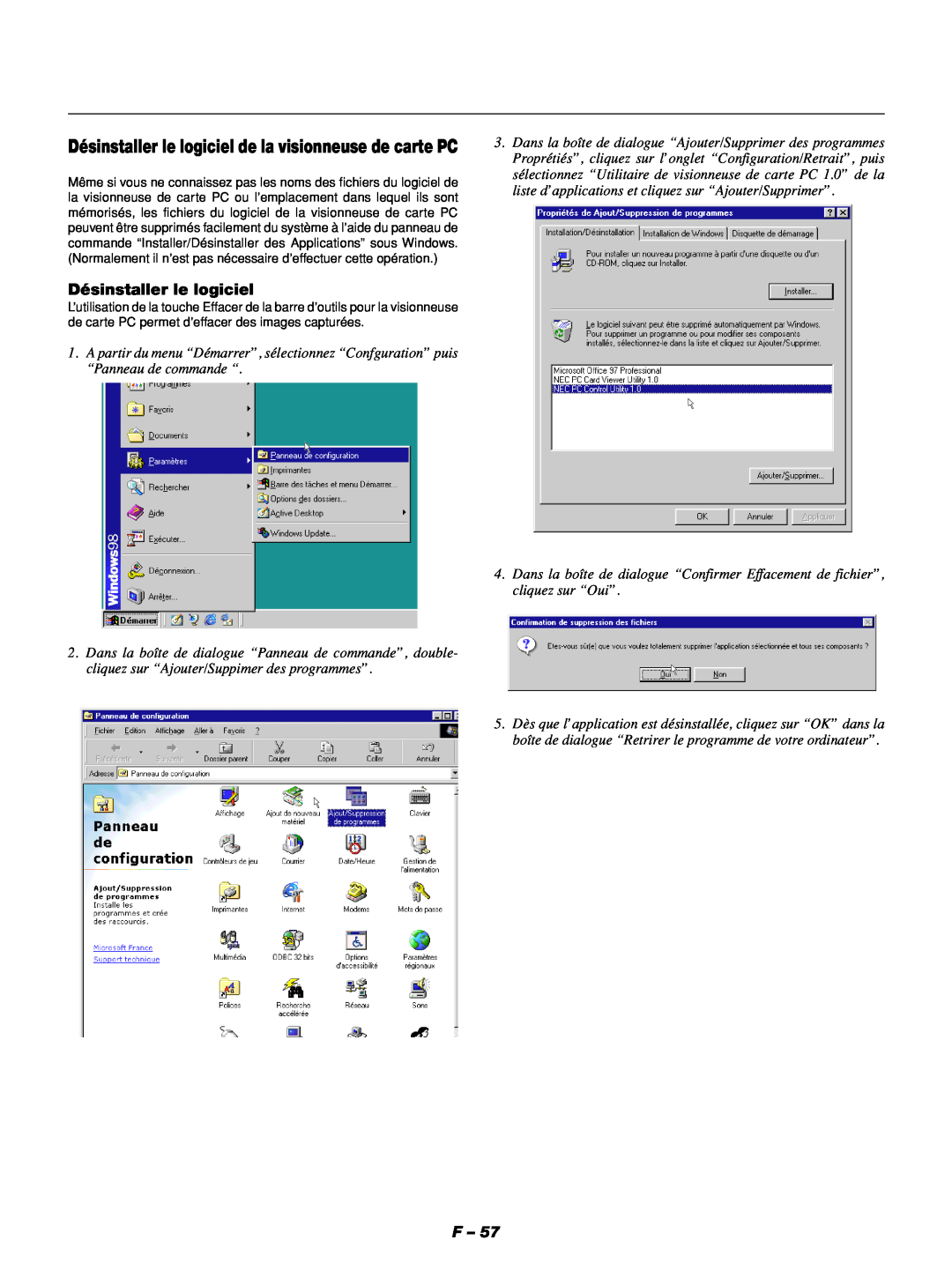 NEC GT1150 manuel dutilisation Désinstaller le logiciel de la visionneuse de carte PC 