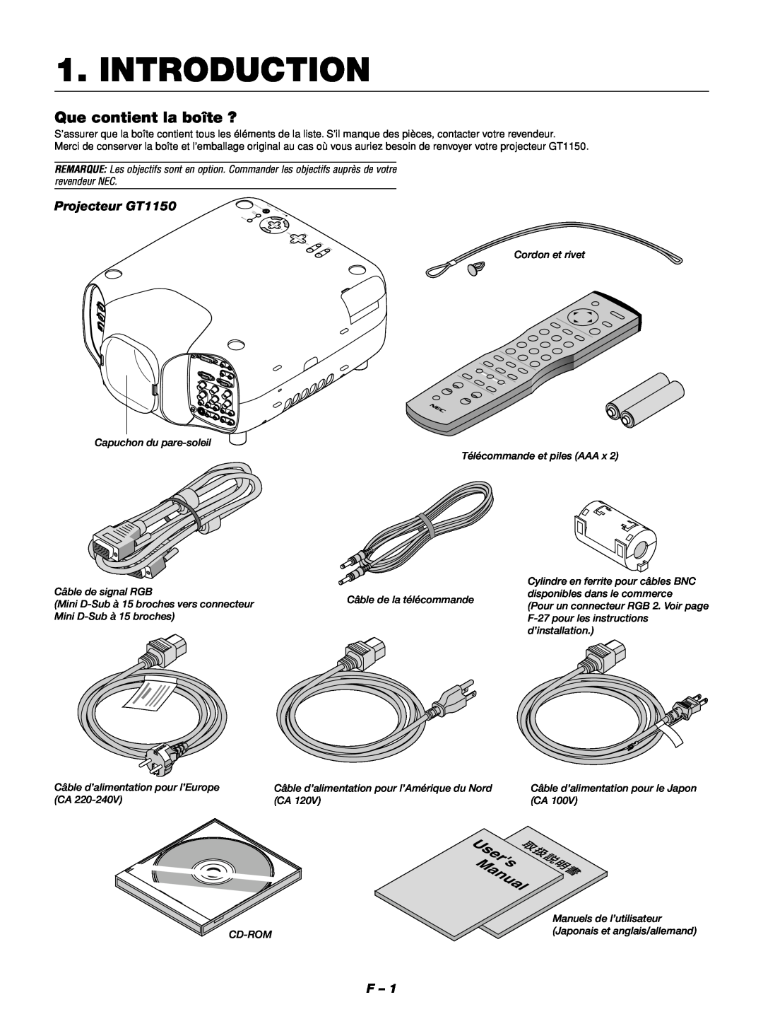 NEC Introduction, Que contient la boîte ?, Projecteur GT1150, Cordon et rivet, Câble de signal RGB, d’installation 