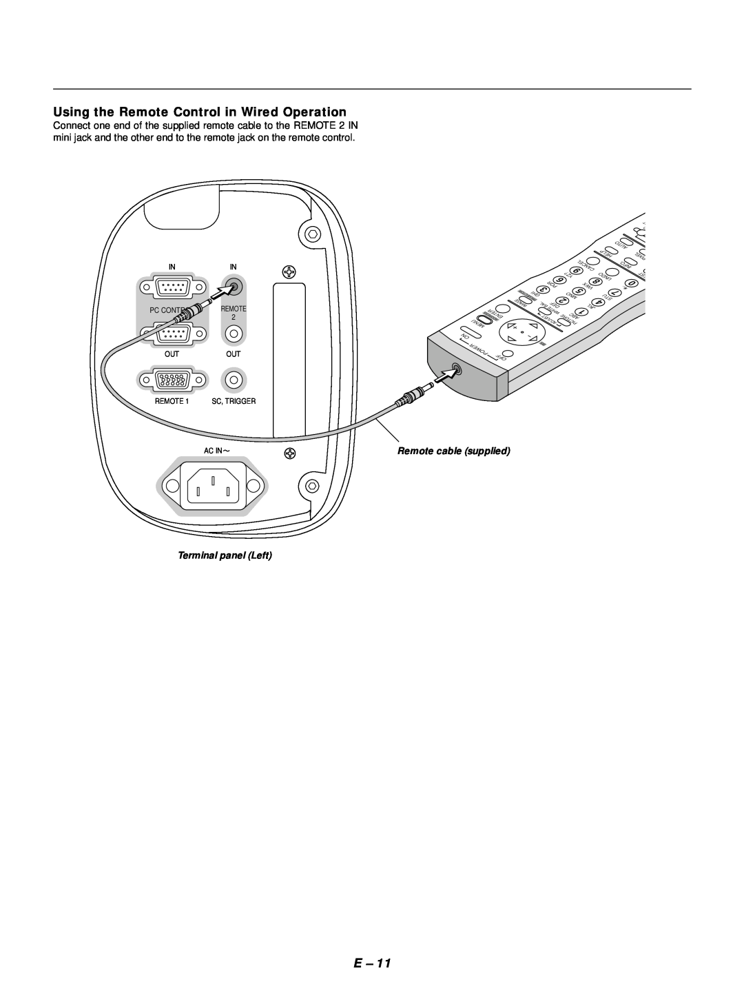 NEC GT1150 user manual Using the Remote Control in Wired Operation, Remote cable supplied, Terminal panel Left 