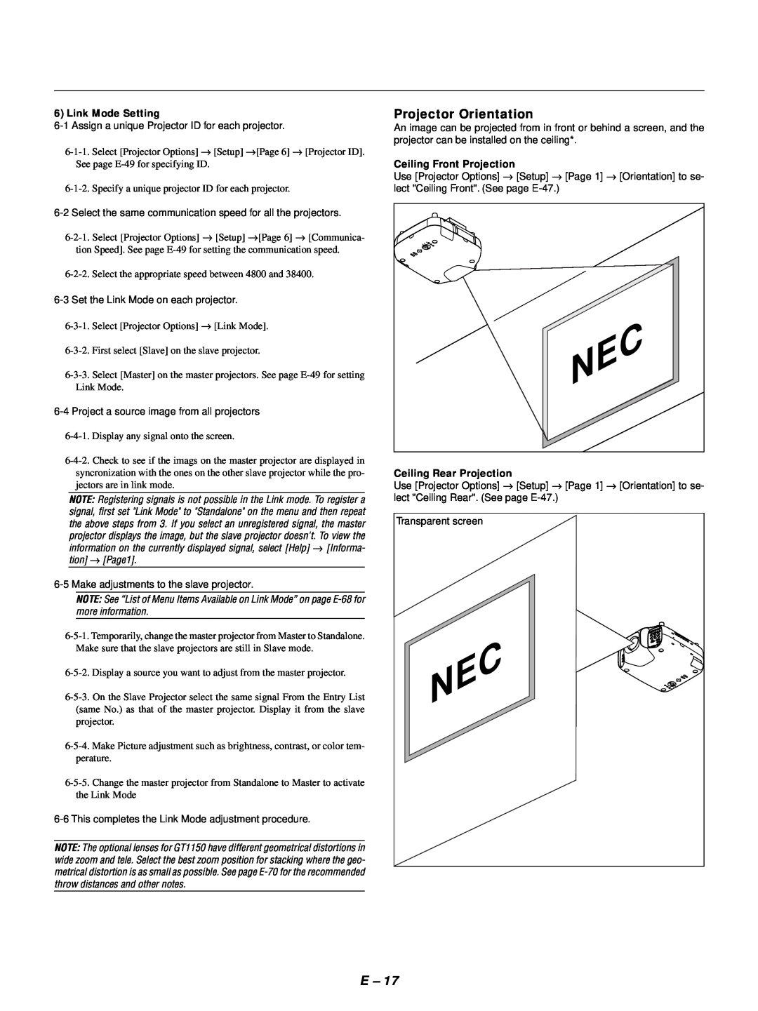 NEC GT1150 user manual Projector Orientation, Link Mode Setting, Ceiling Front Projection, Ceiling Rear Projection 