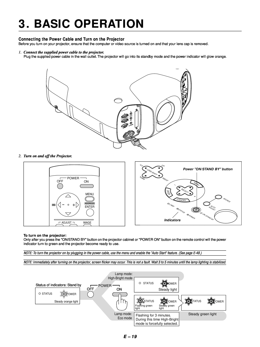 NEC GT1150 user manual Basic Operation, Connecting the Power Cable and Turn on the Projector, Turn on and off the Projector 