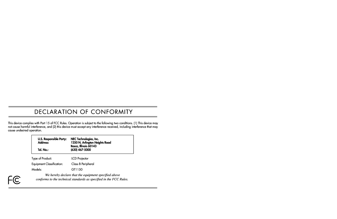 NEC GT1150 user manual Declaration Of Conformity 