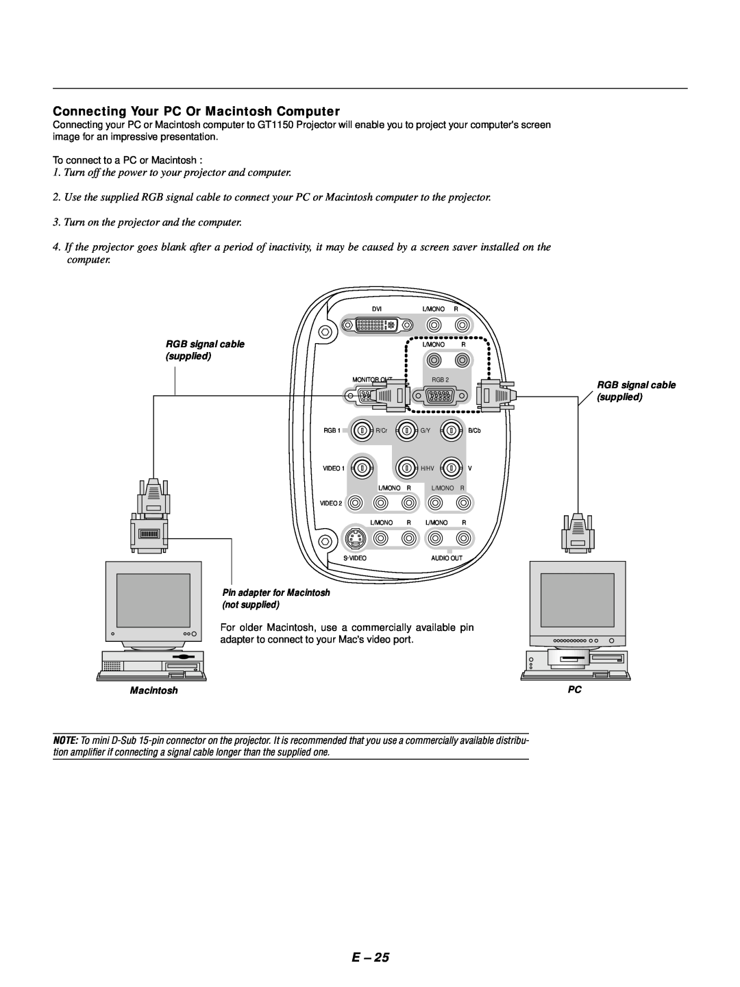 NEC GT1150 user manual Connecting Your PC Or Macintosh Computer, Turn off the power to your projector and computer 