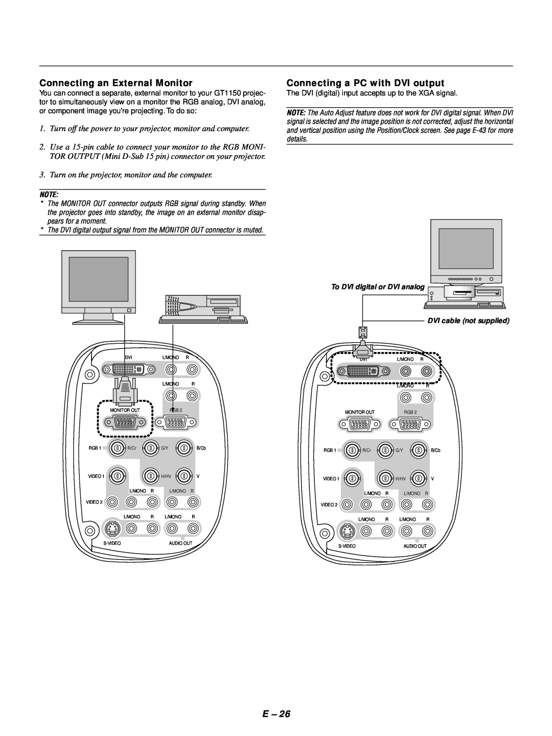 NEC GT1150 user manual Connecting an External Monitor, Connecting a PC with DVI output, DVI cable not supplied 