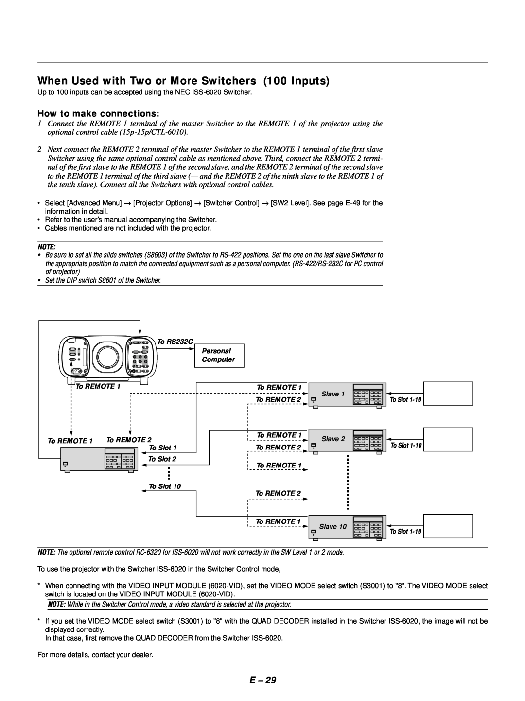 NEC GT1150 user manual When Used with Two or More Switchers 100 Inputs, How to make connections 