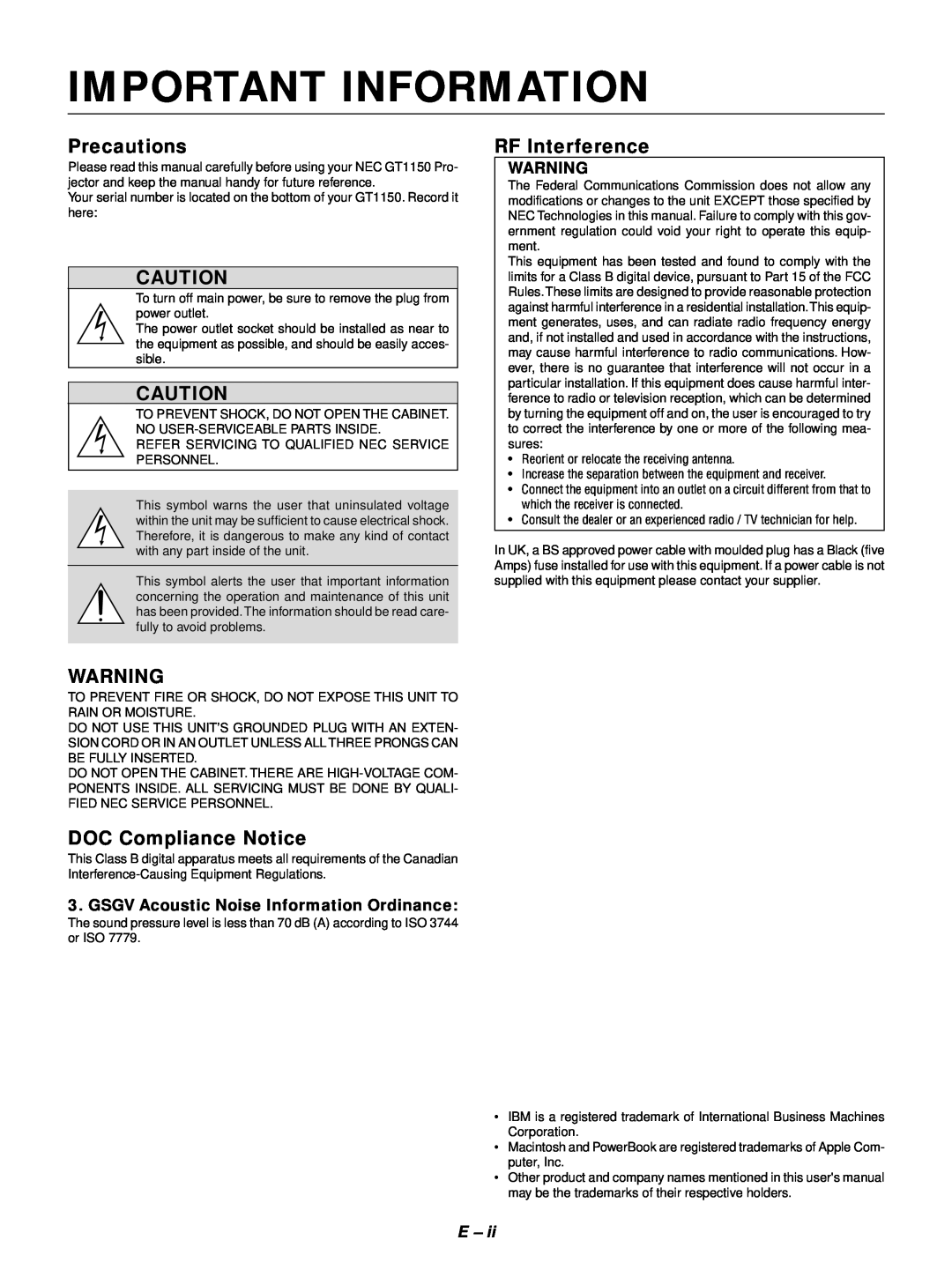 NEC GT1150 user manual Important Information, Precautions, RF Interference, DOC Compliance Notice 