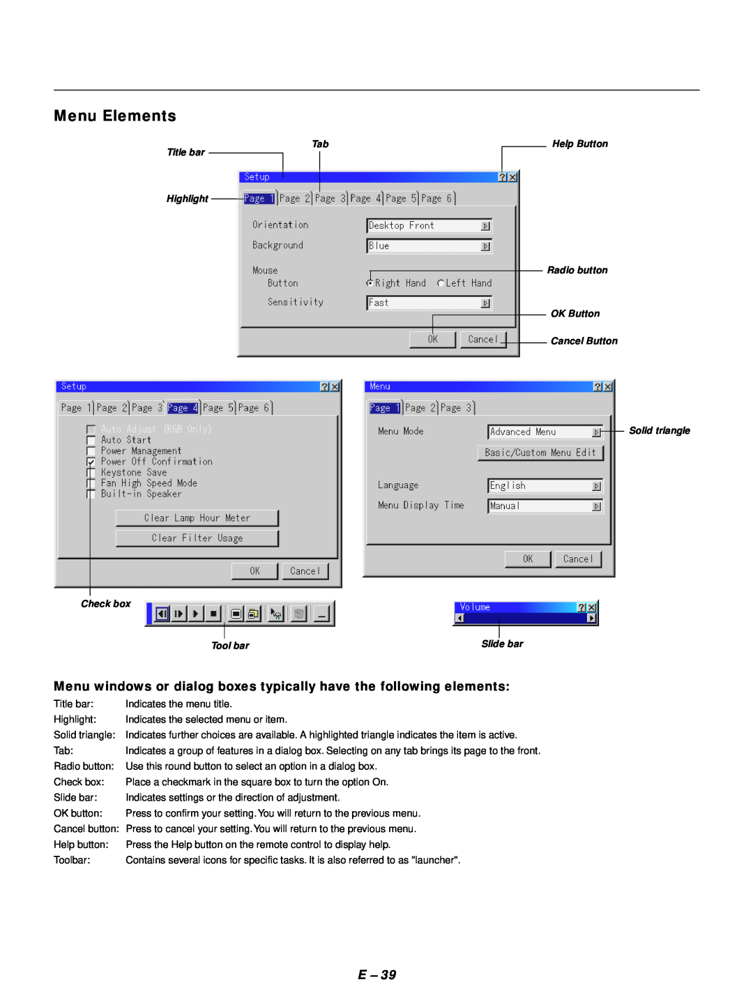 NEC GT1150 Menu Elements, Menu windows or dialog boxes typically have the following elements, Tab Title bar Highlight 