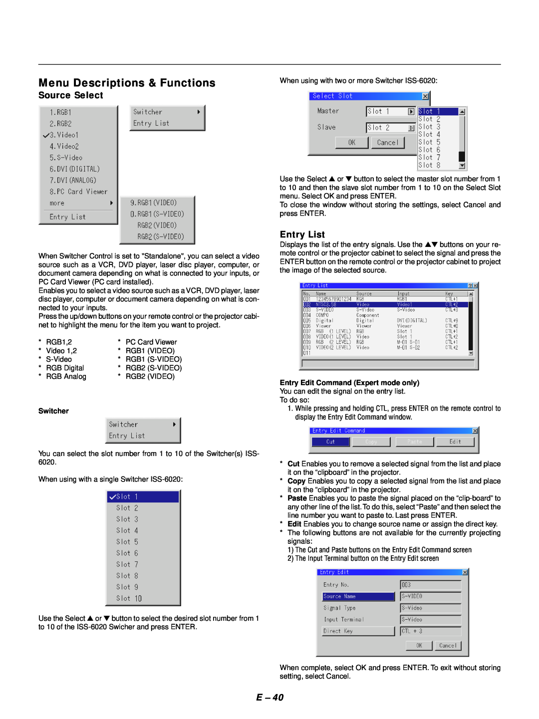 NEC GT1150 Menu Descriptions & Functions, Source Select, Entry List, Switcher, Entry Edit Command Expert mode only 