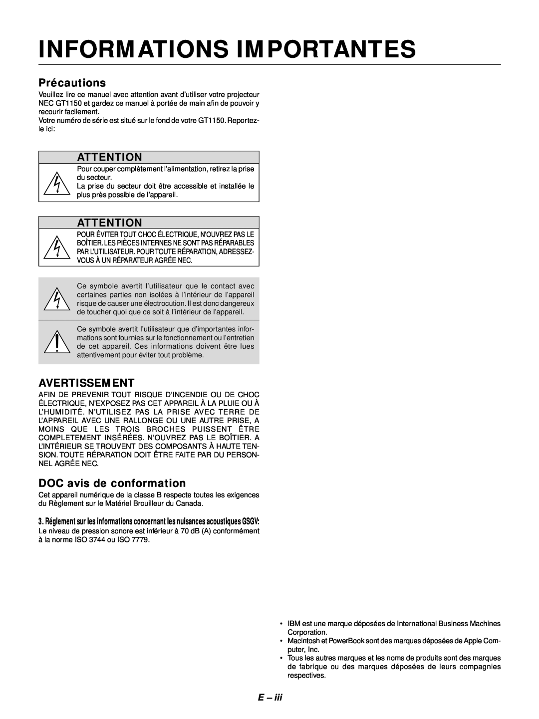 NEC GT1150 user manual Informations Importantes, Précautions, Avertissement, DOC avis de conformation 