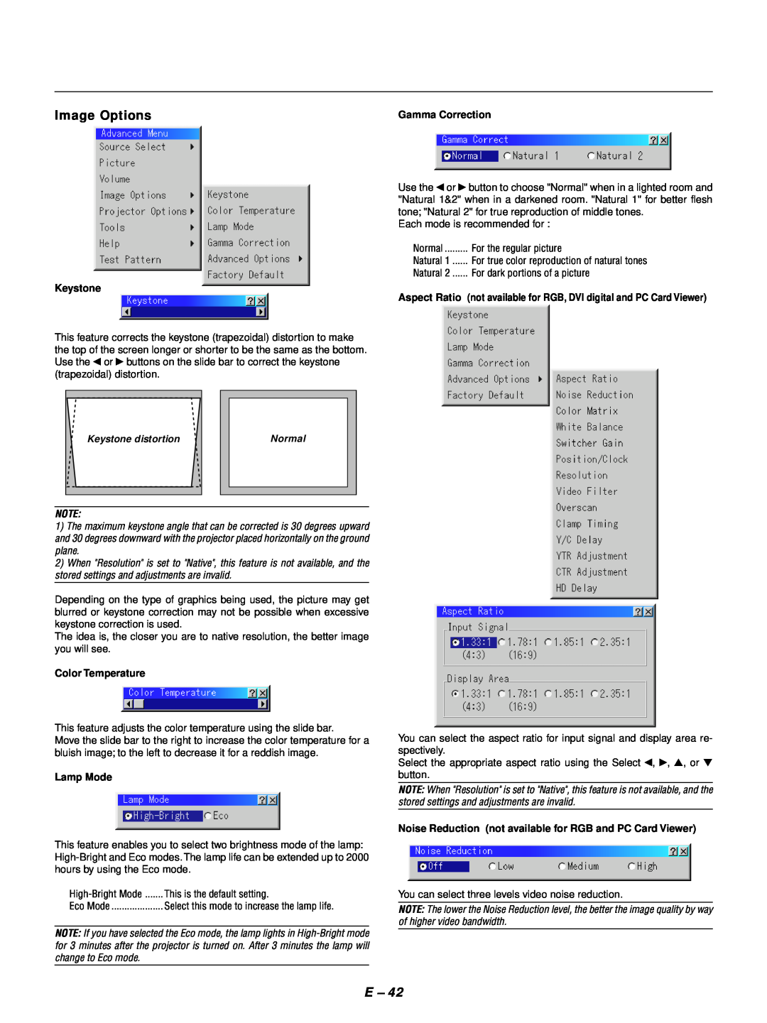 NEC GT1150 user manual Image Options, Keystone distortion, Normal, Color Temperature, Lamp Mode 