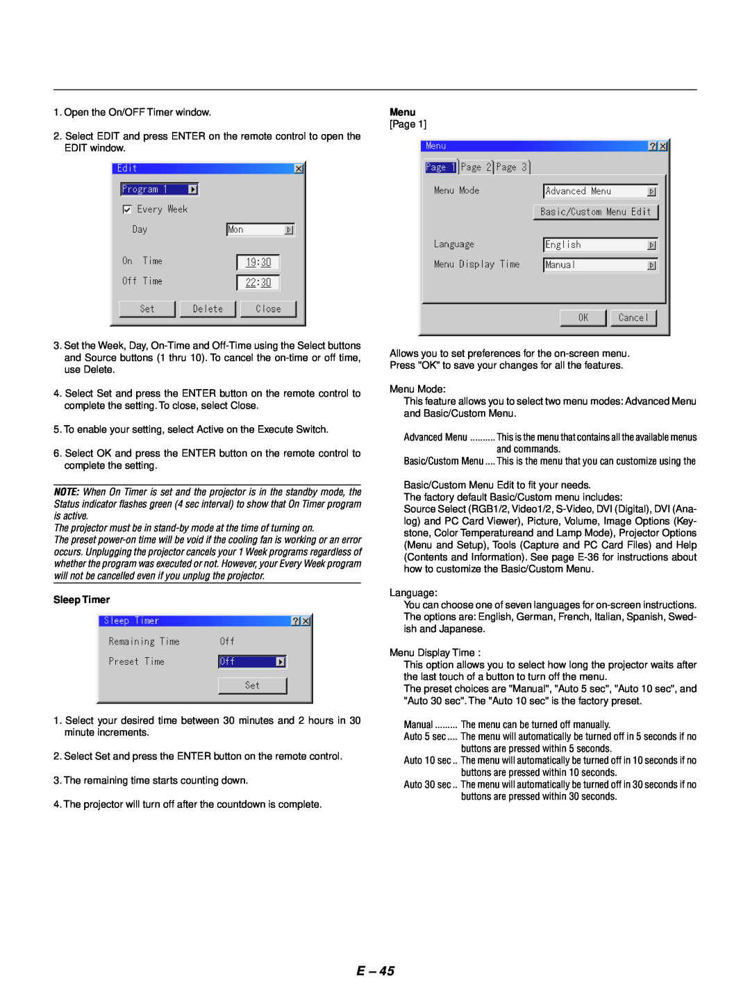 NEC GT1150 user manual The projector must be in stand-by mode at the time of turning on, Sleep Timer, Menu Page 