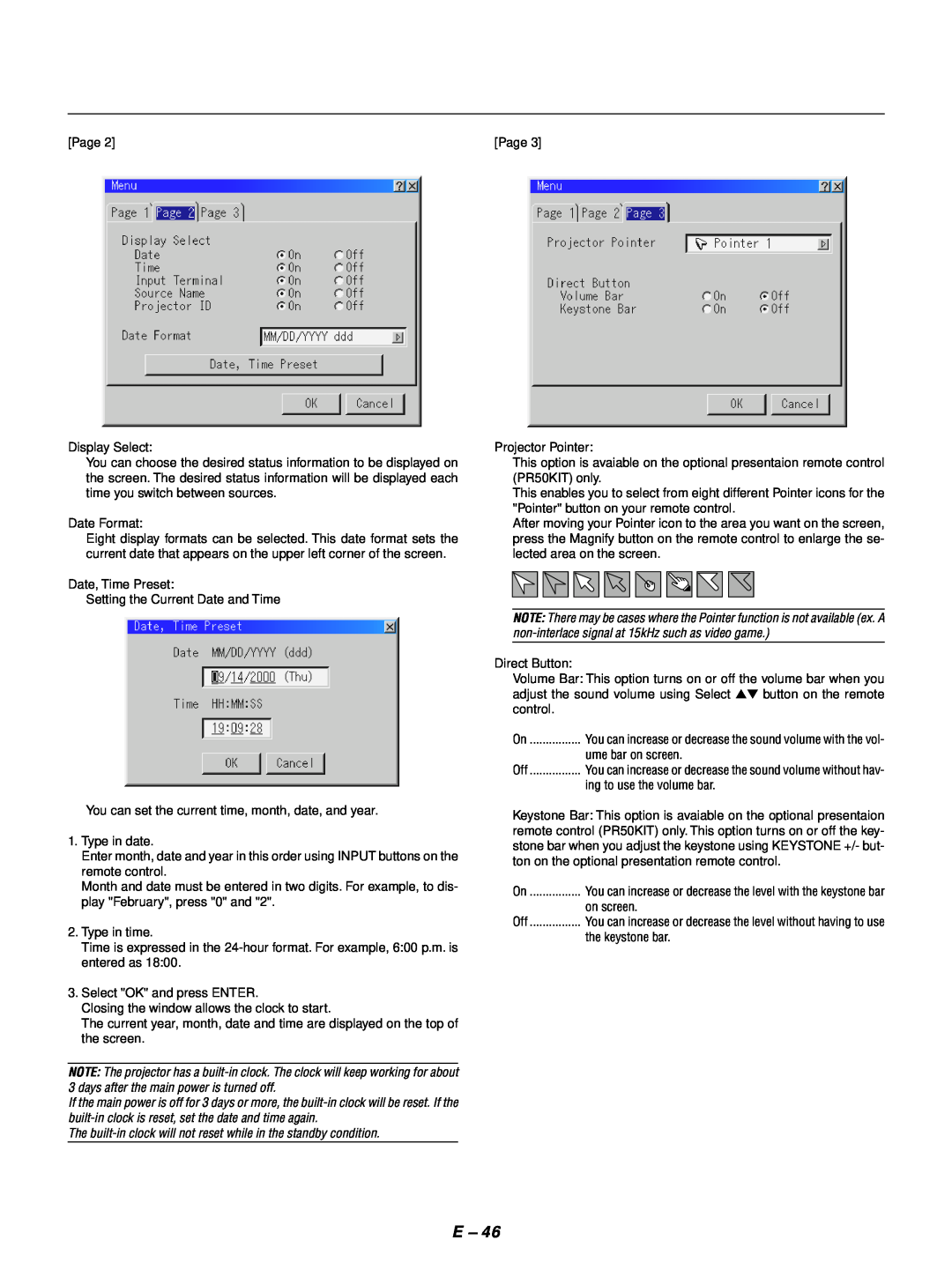 NEC GT1150 user manual Page Display Select, The built-in clock will not reset while in the standby condition 