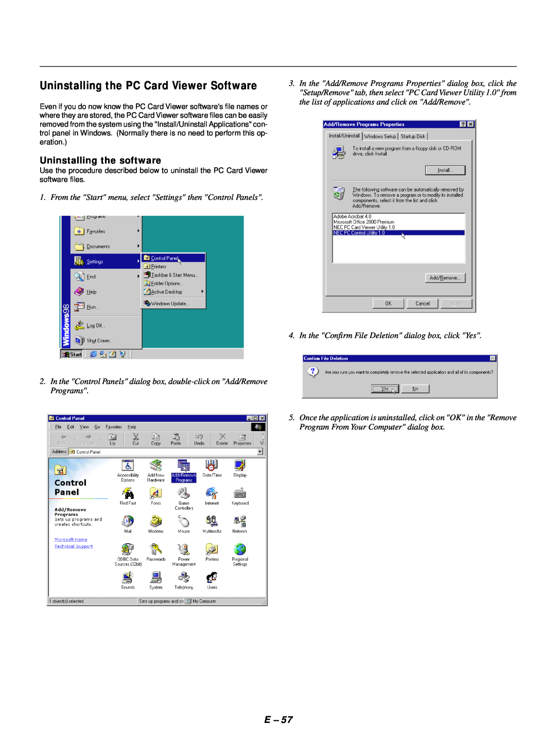 NEC GT1150 user manual Uninstalling the PC Card Viewer Software, Uninstalling the software 