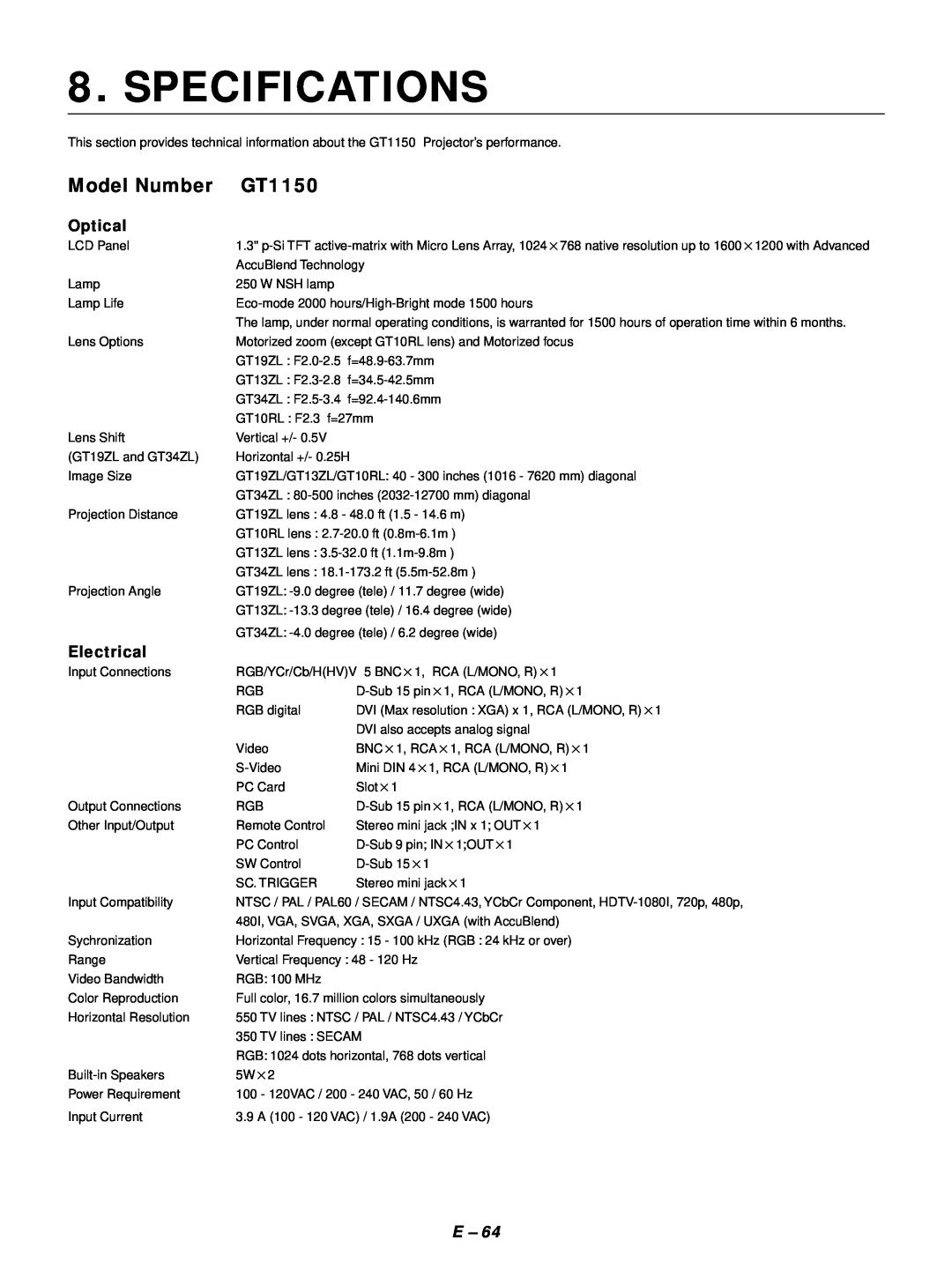 NEC GT1150 user manual Specifications, Model Number, Optical, Electrical 