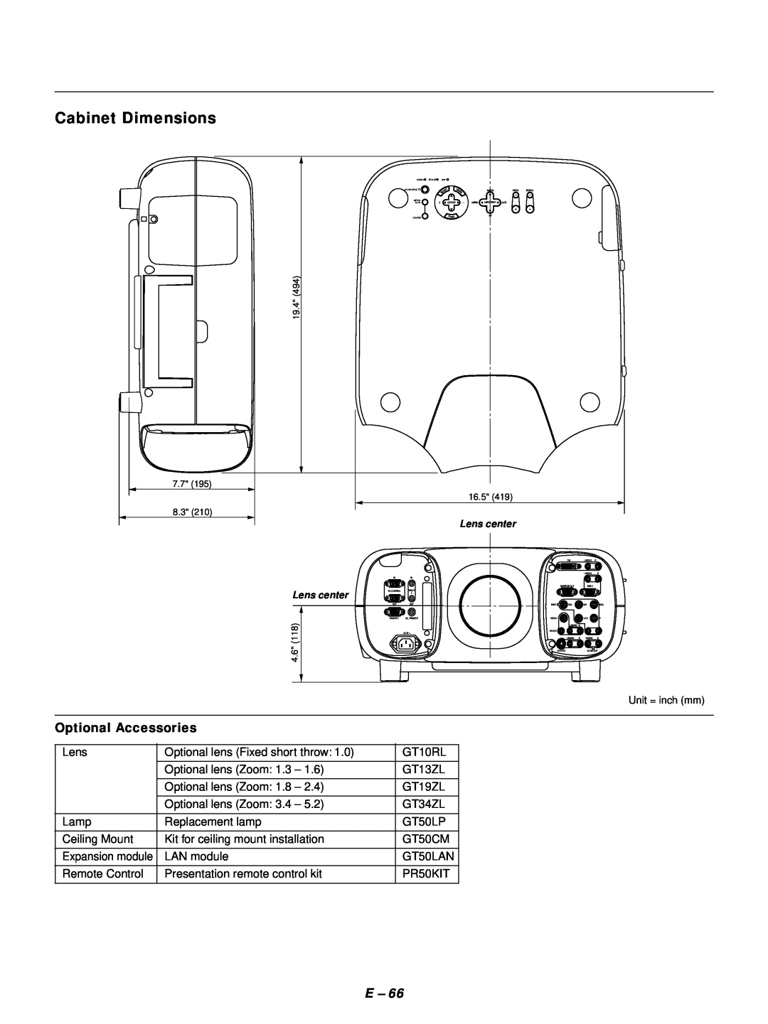 NEC GT1150 user manual Cabinet Dimensions, Optional Accessories 