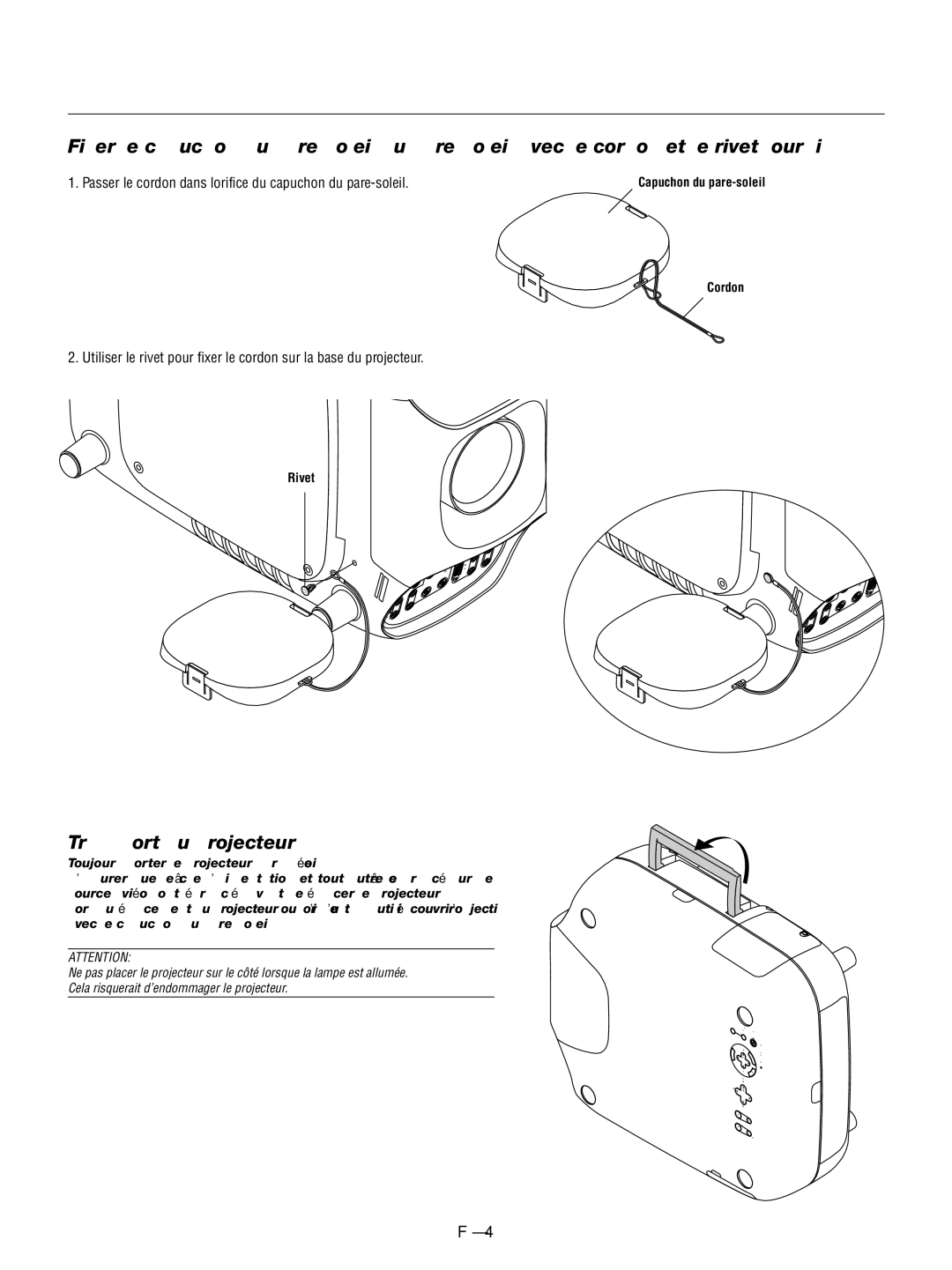 NEC GT1150 manuel dutilisation Transport du projecteur, Cordon, Rivet 