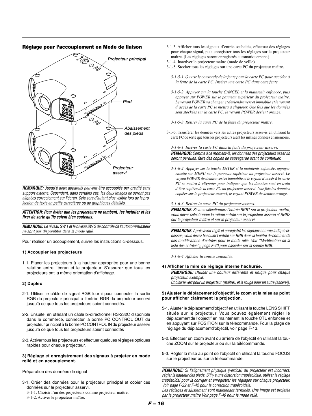 NEC GT1150 manuel dutilisation Réglage pour l’accouplement en Mode de liaison, Accoupler les projecteurs, Duplex 