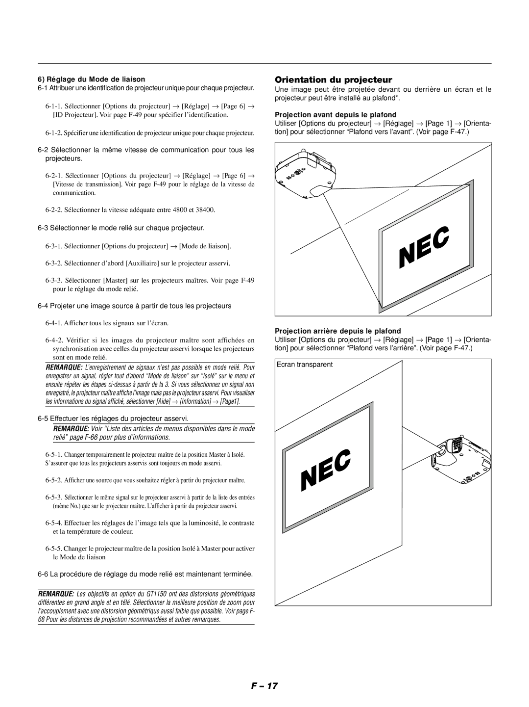 NEC GT1150 manuel dutilisation Orientation du projecteur, Réglage du Mode de liaison, Projection avant depuis le plafond 