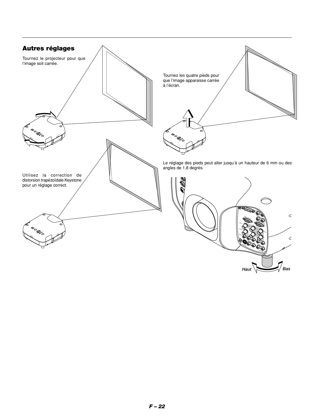 NEC GT1150 manuel dutilisation Autres réglages, Tournez le projecteur pour que l’image soit carrée, HautBas 