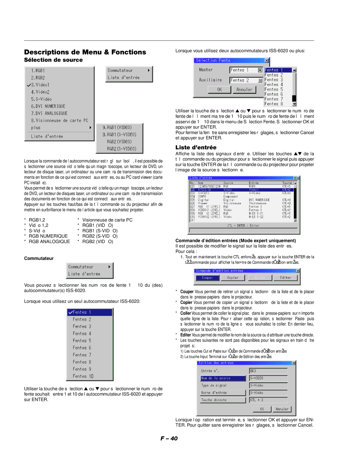 NEC GT1150 manuel dutilisation Descriptions de Menu & Fonctions, Sélection de source, Liste d’entrée, Commutateur 