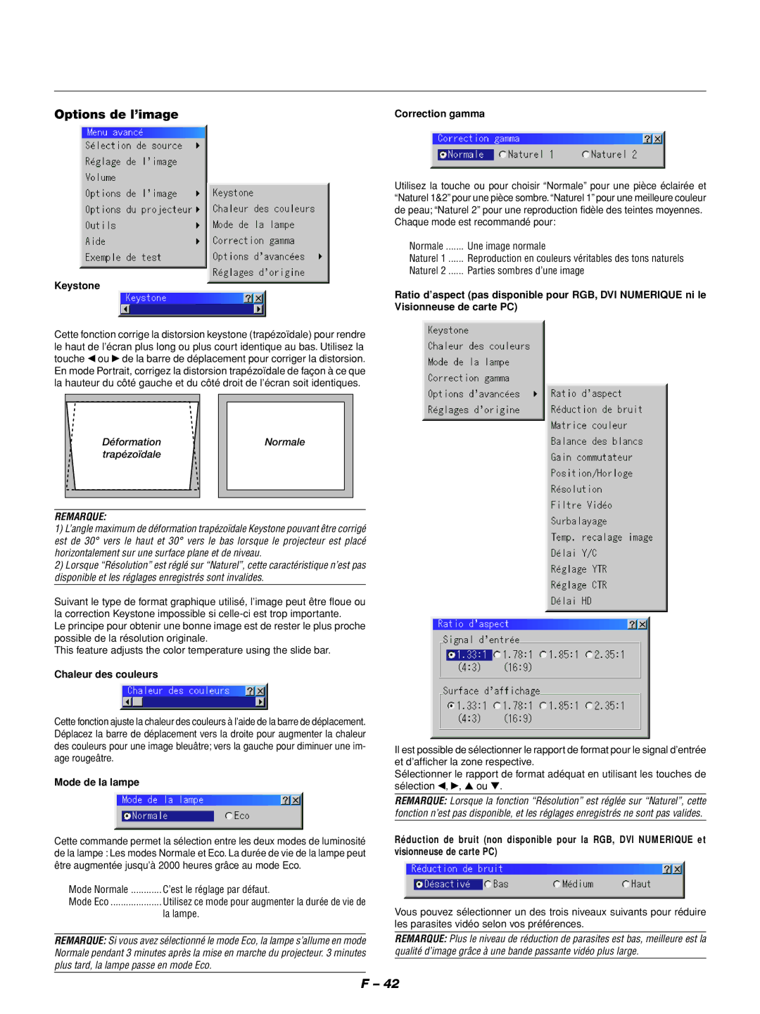 NEC GT1150 manuel dutilisation Options de l’image, Keystone, Chaleur des couleurs, Mode de la lampe 