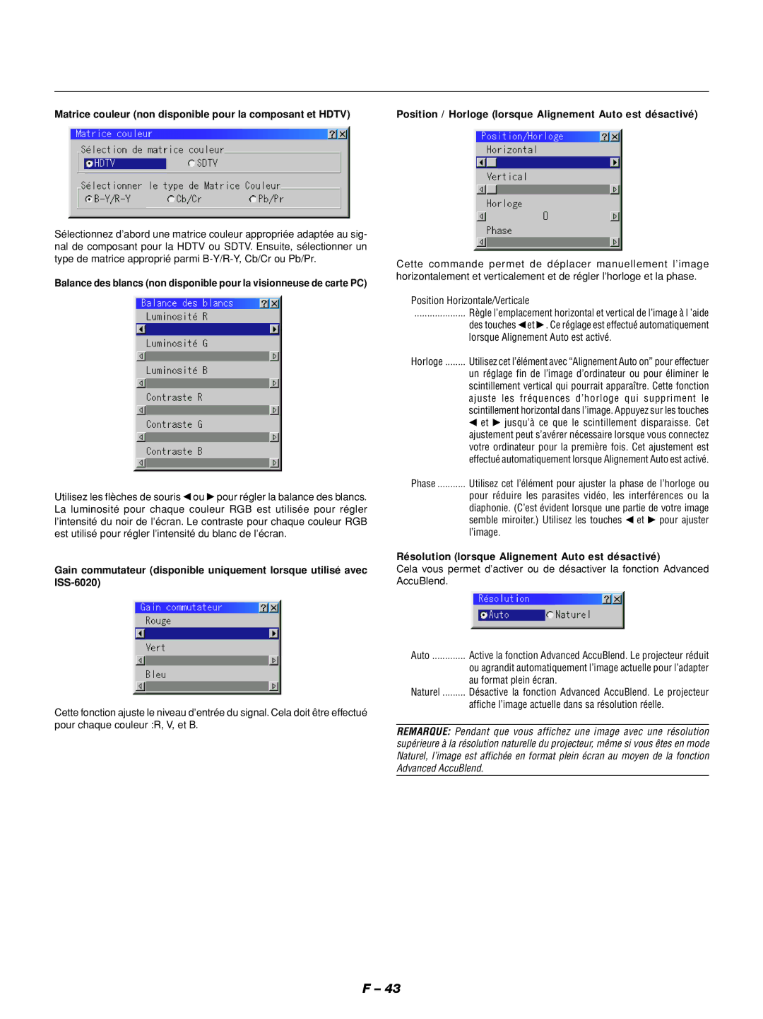 NEC GT1150 Matrice couleur non disponible pour la composant et Hdtv, Résolution lorsque Alignement Auto est désactivé 