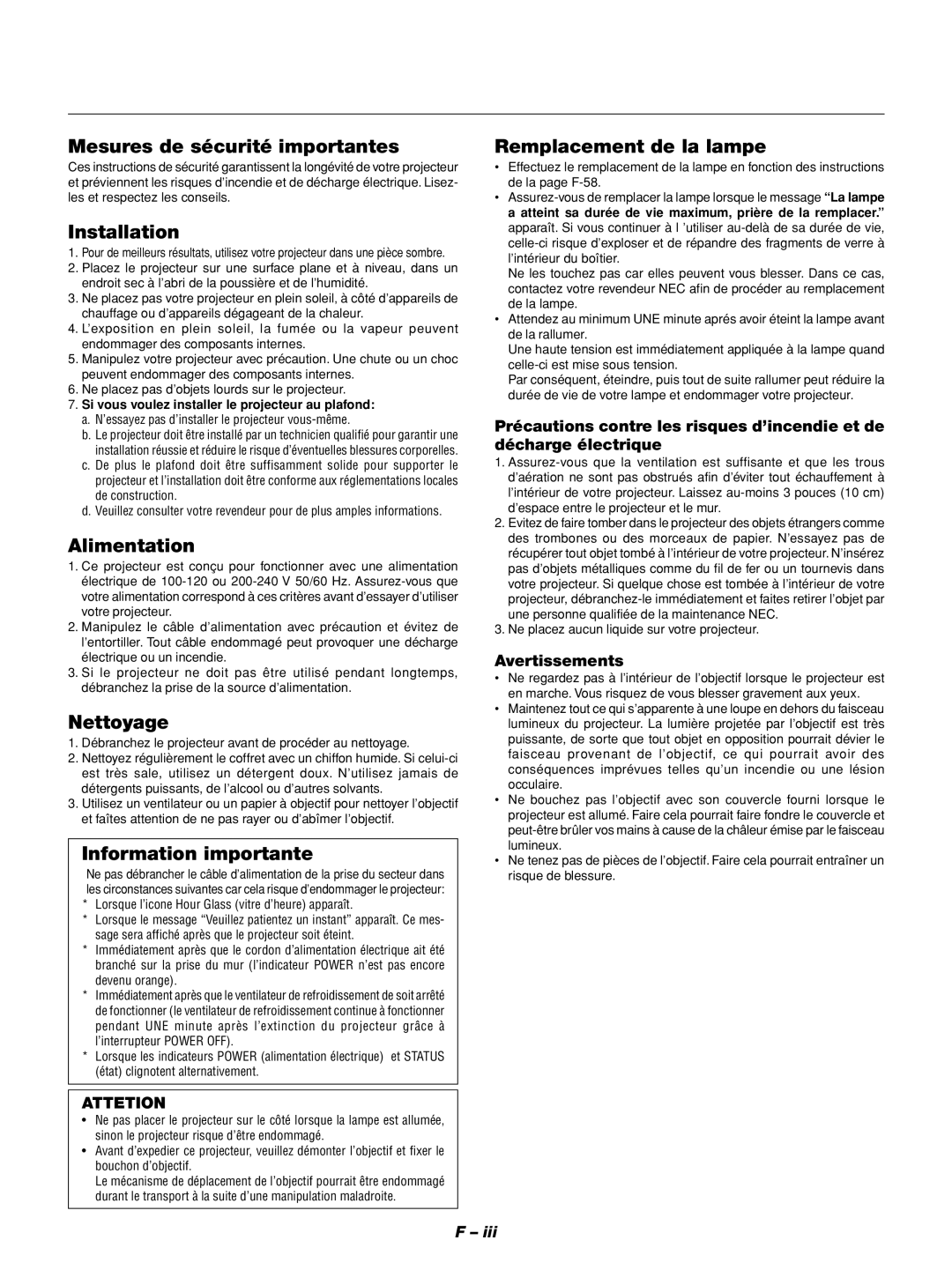 NEC GT1150 Mesures de sécurité importantes, Installation, Alimentation, Nettoyage, Information importante 