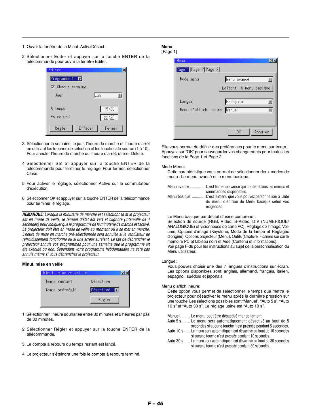 NEC GT1150 manuel dutilisation Minut. mise en veille, Menu 