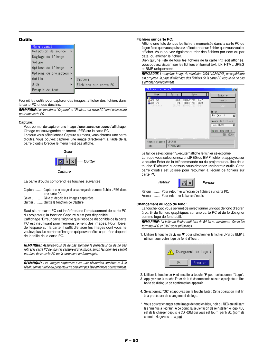 NEC GT1150 manuel dutilisation Outils, Capture, Fichiers sur carte PC, Changement du logo de fond 