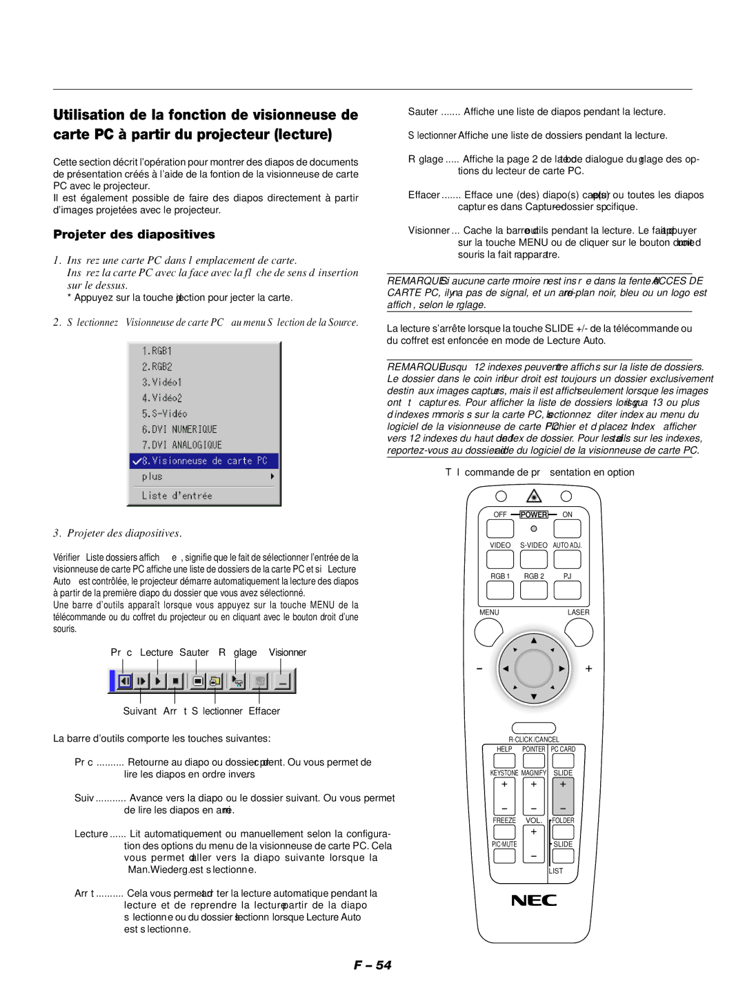 NEC GT1150 manuel dutilisation Projeter des diapositives, Télécommande de présentation en option 