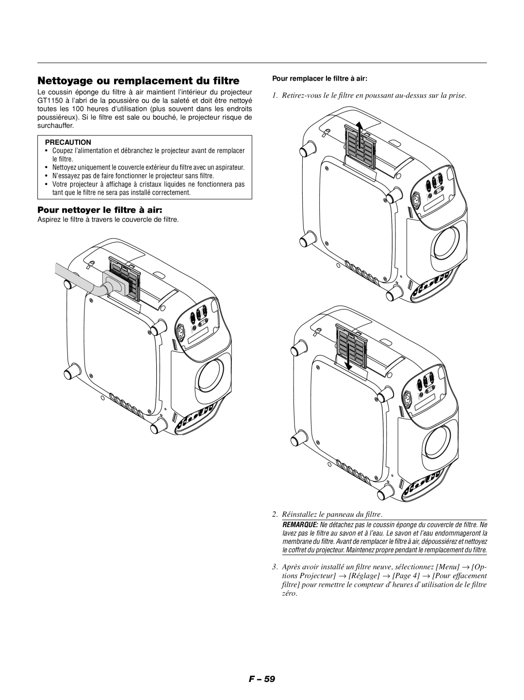 NEC GT1150 Nettoyage ou remplacement du filtre, Pour nettoyer le filtre à air, Pour remplacer le filtre à air 