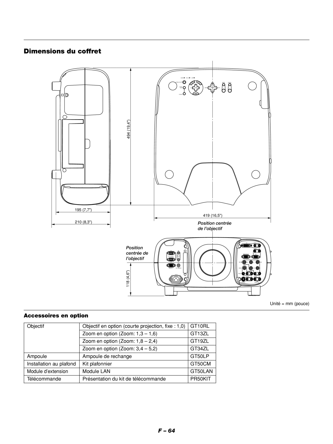 NEC GT1150 Dimensions du coffret, Accessoires en option, Position centrée de l’objectif, Unité = mm pouce 