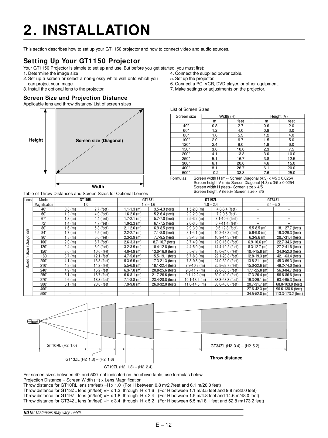 NEC user manual Installation, Setting Up Your GT1150 Projector, Screen Size and Projection Distance 