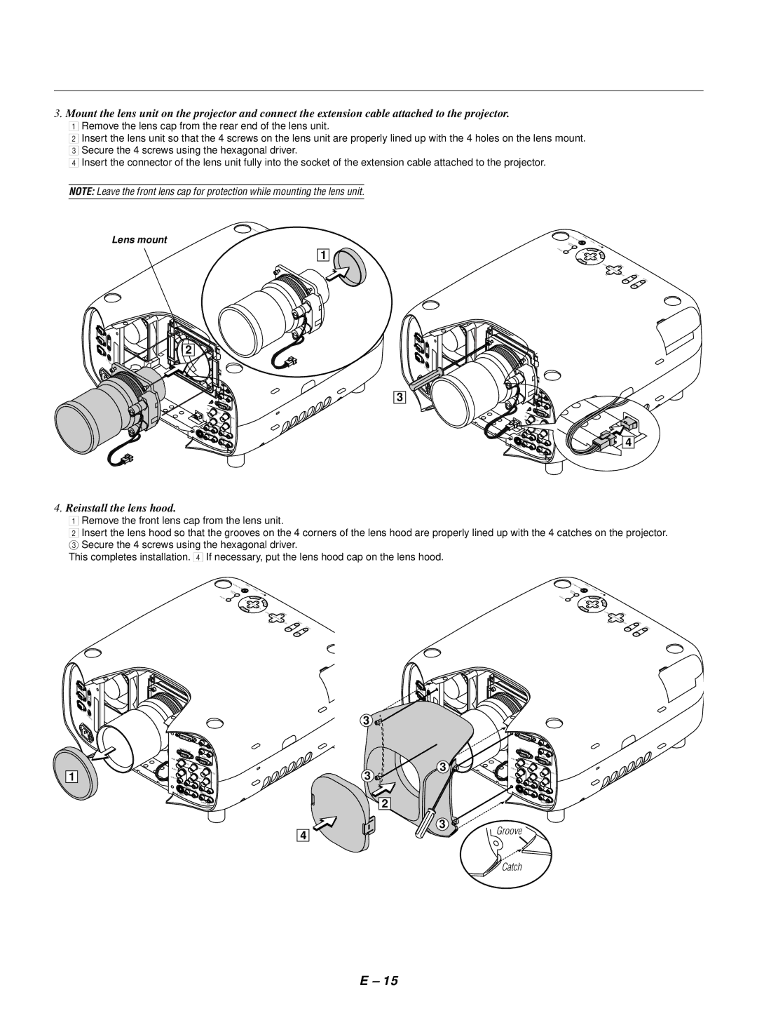 NEC GT1150 user manual Reinstall the lens hood, Lens mount 