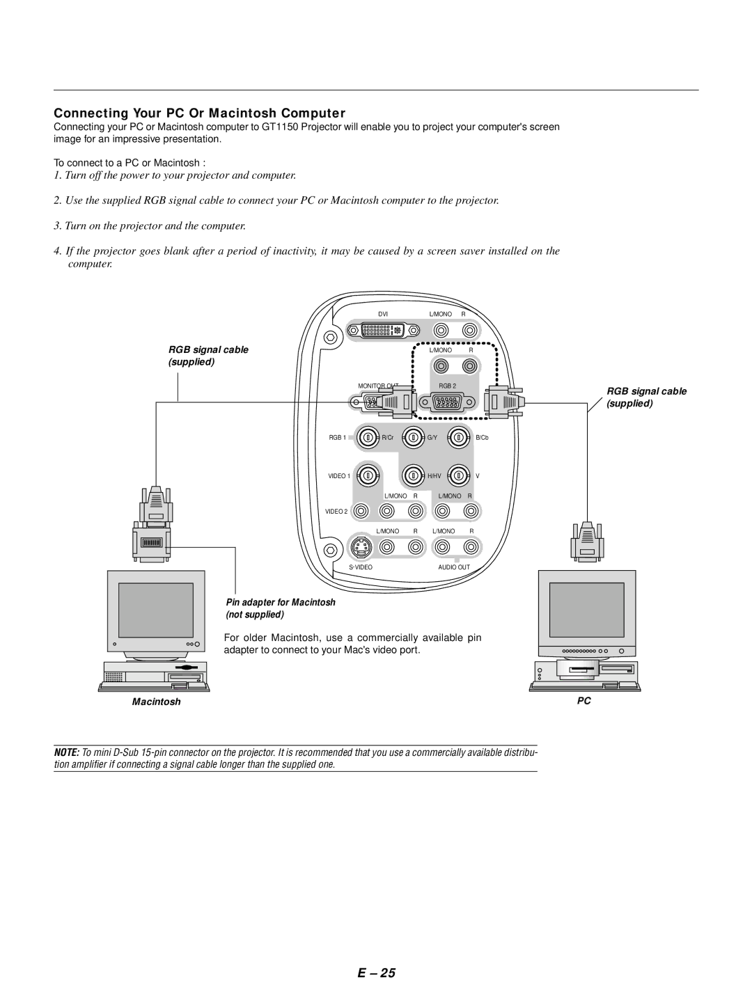 NEC GT1150 user manual Connecting Your PC Or Macintosh Computer, Supplied, RGB signal cable supplied 