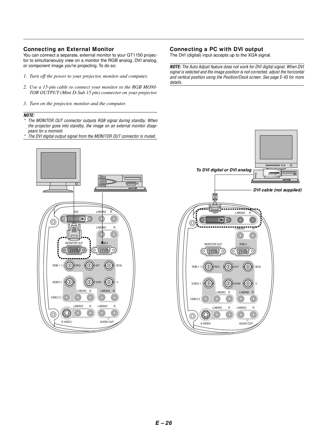 NEC GT1150 Connecting an External Monitor, Connecting a PC with DVI output, DVI digital input accepts up to the XGA signal 