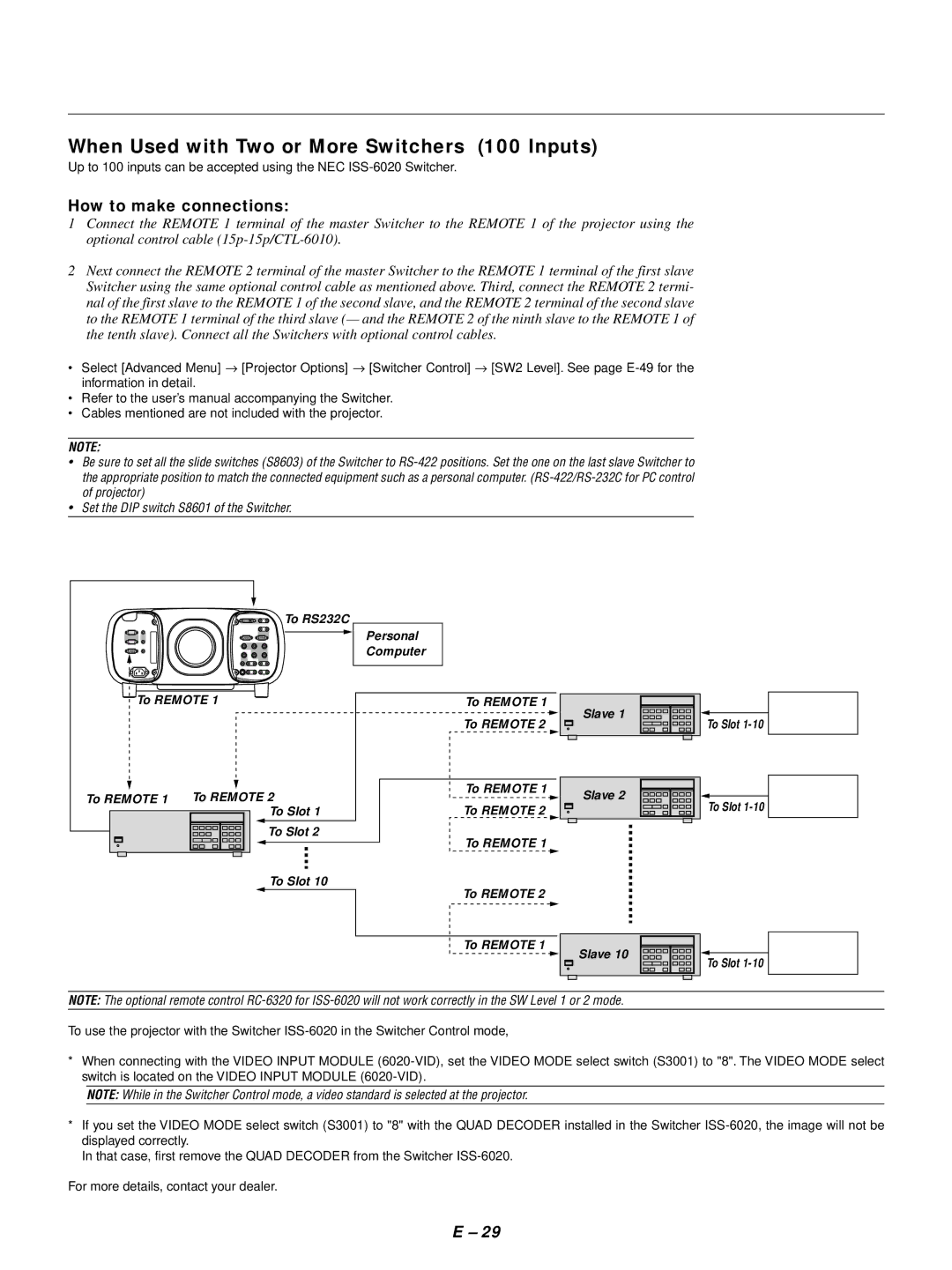 NEC GT1150 user manual When Used with Two or More Switchers 100 Inputs, How to make connections, To Remote 