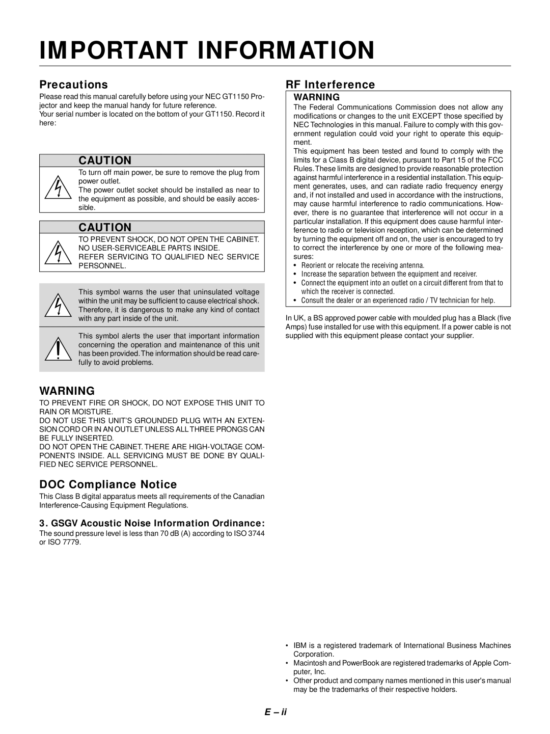 NEC GT1150 user manual Important Information, Precautions, RF Interference, DOC Compliance Notice 