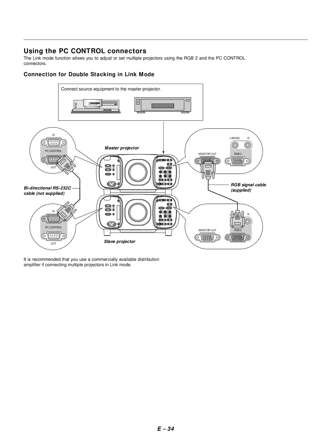 NEC GT1150 user manual Using the PC Control connectors, Connection for Double Stacking in Link Mode, Master projector 