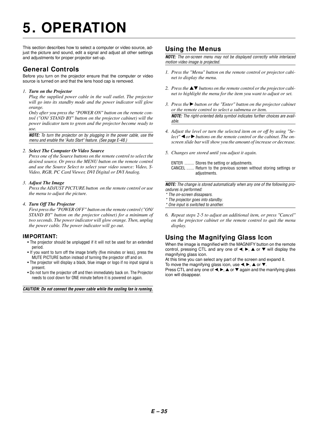 NEC GT1150 user manual Operation, General Controls, Using the Menus, Using the Magnifying Glass Icon 