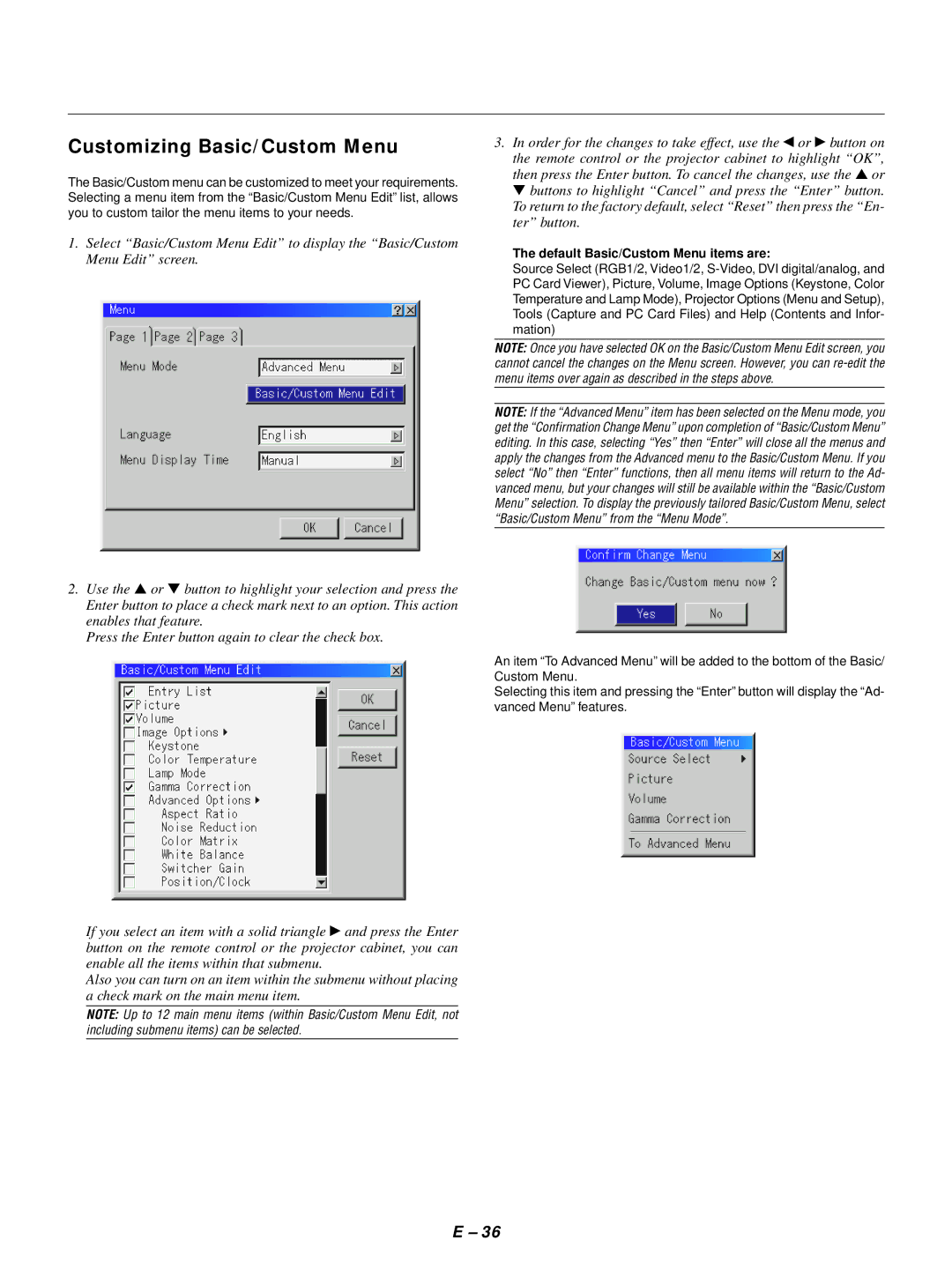 NEC GT1150 user manual Customizing Basic/Custom Menu, Default Basic/Custom Menu items are 