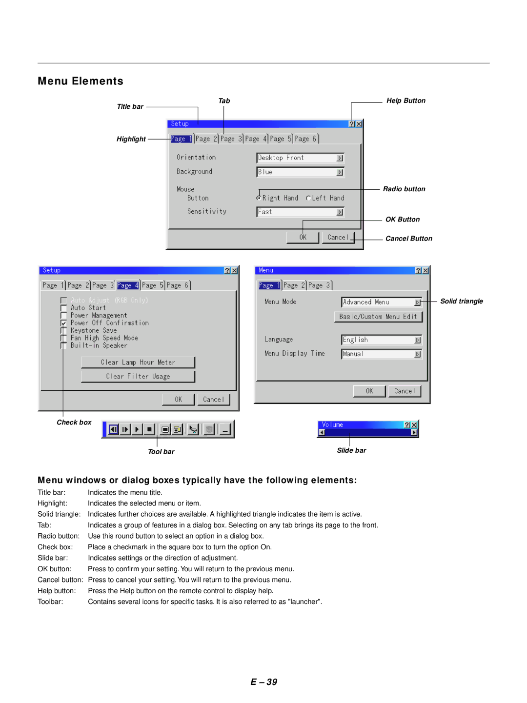 NEC GT1150 user manual Menu Elements 