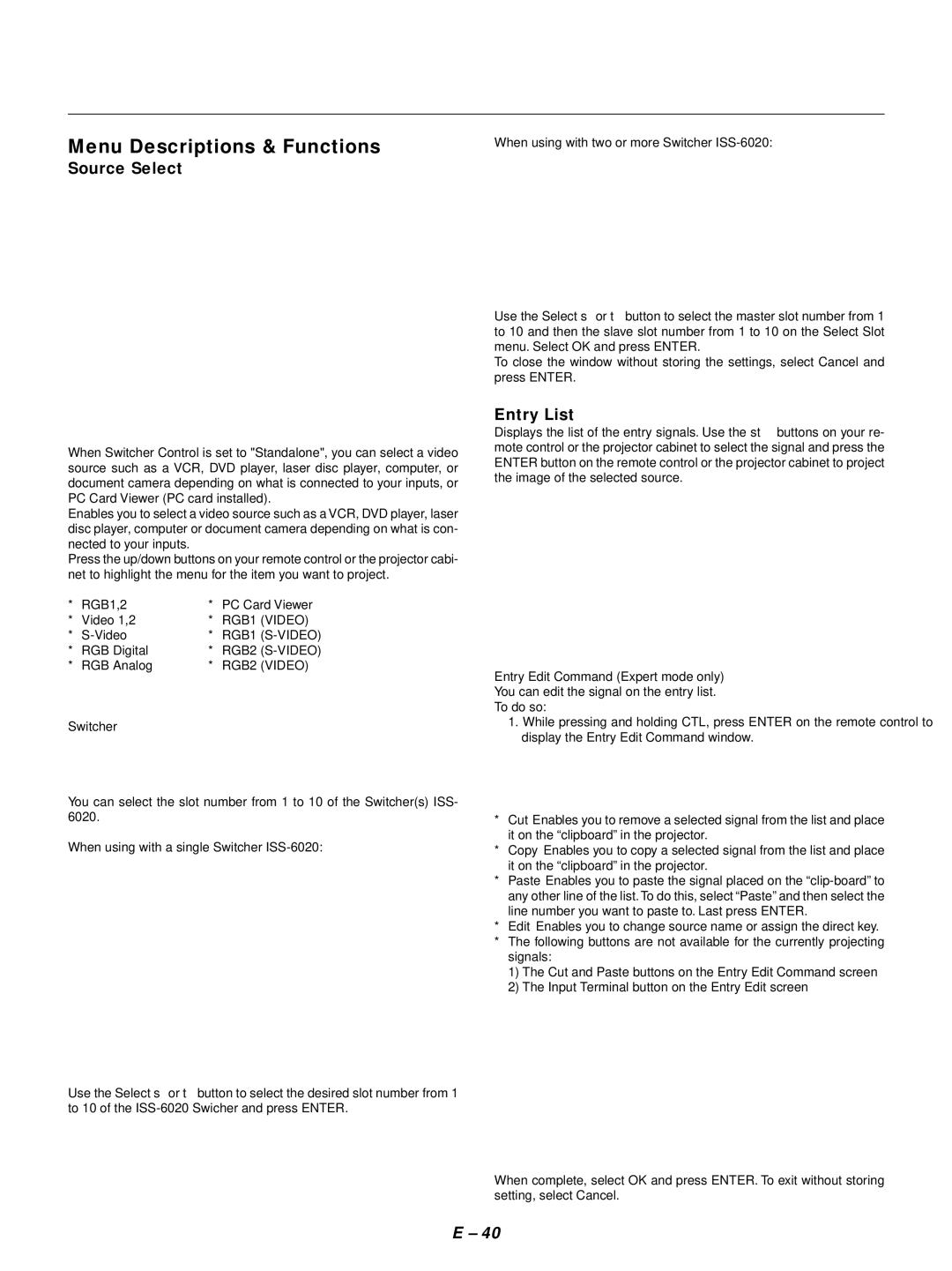 NEC GT1150 Menu Descriptions & Functions, Source Select, Entry List, Switcher, Entry Edit Command Expert mode only 