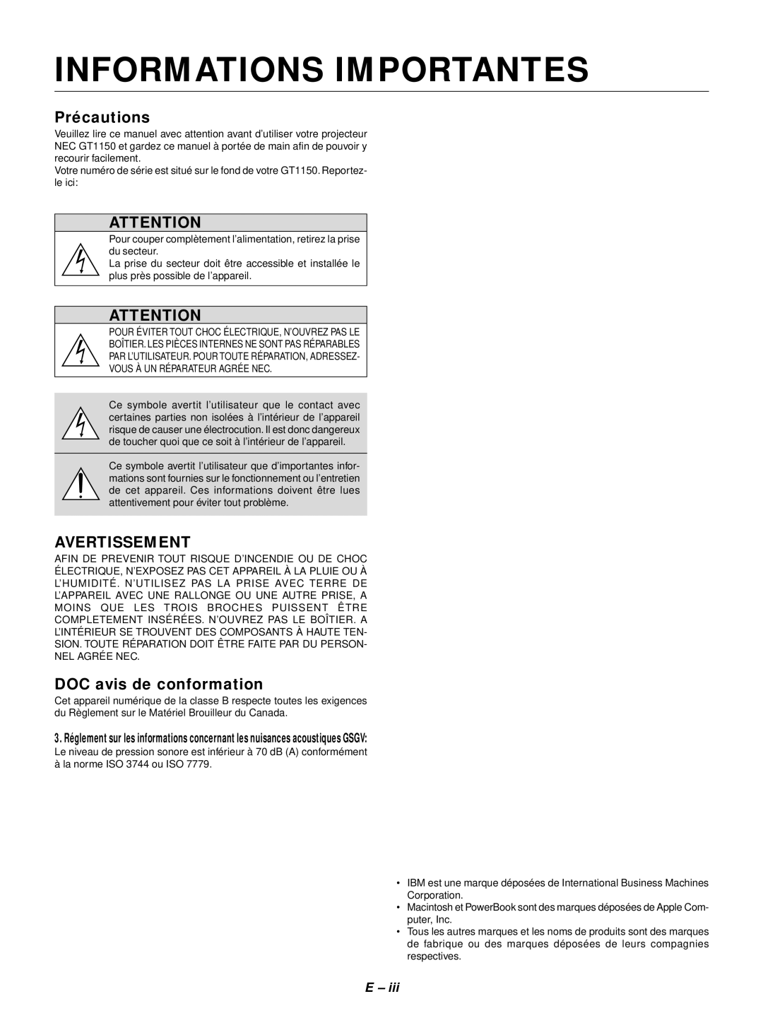 NEC GT1150 user manual Informations Importantes, Précautions, DOC avis de conformation 